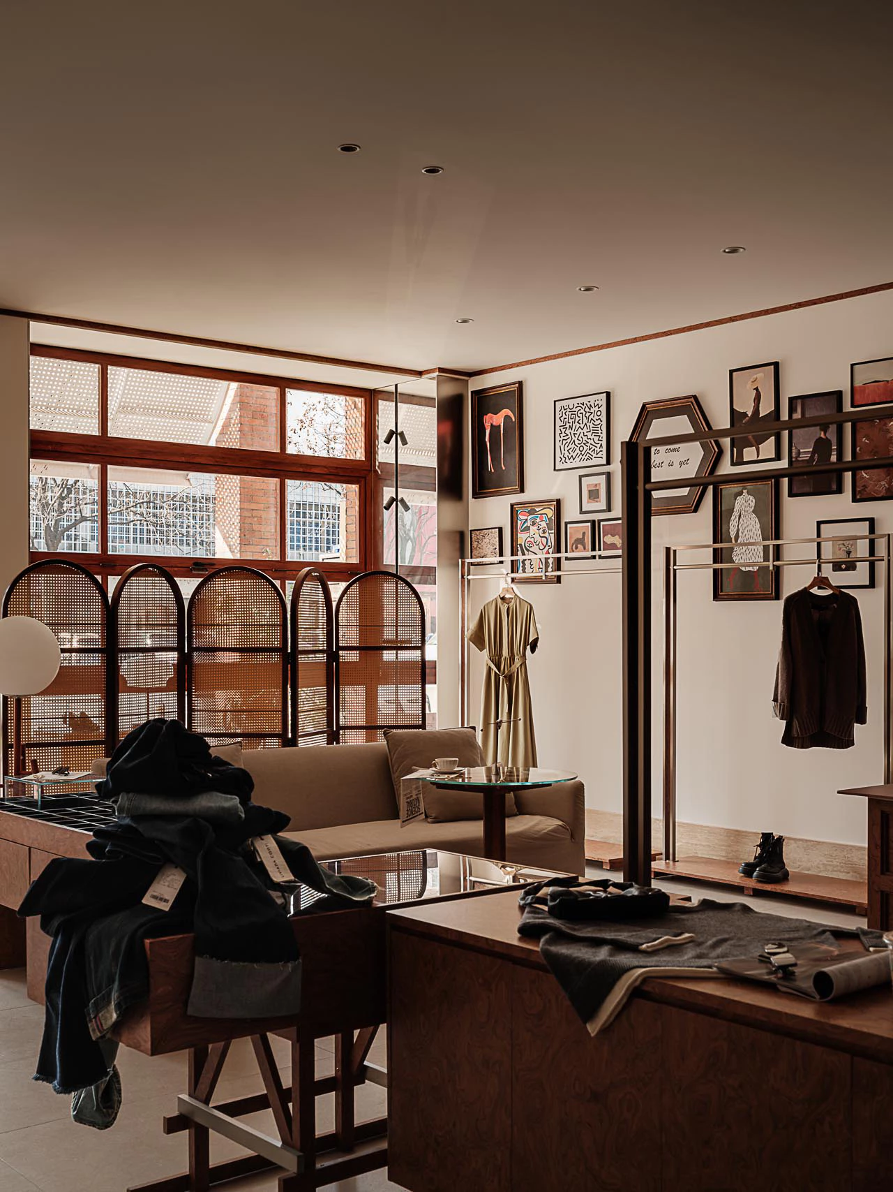 Boutique retail interior with arched windows and warm wood tones